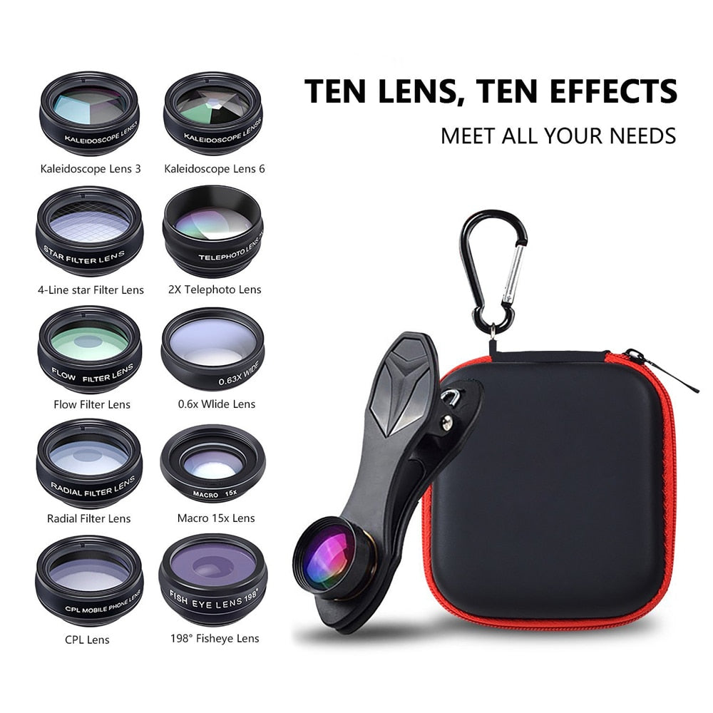 APEXEL Phone lens kit universal 10 in 1 Fisheye Wide Angle macro Lens