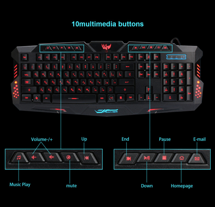 J10 tricolor backlight wired gaming keyboard set